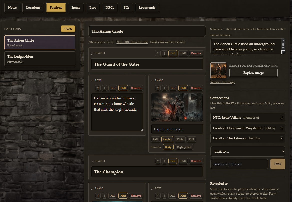 The Codex editor with linked NPCs, places and factions
