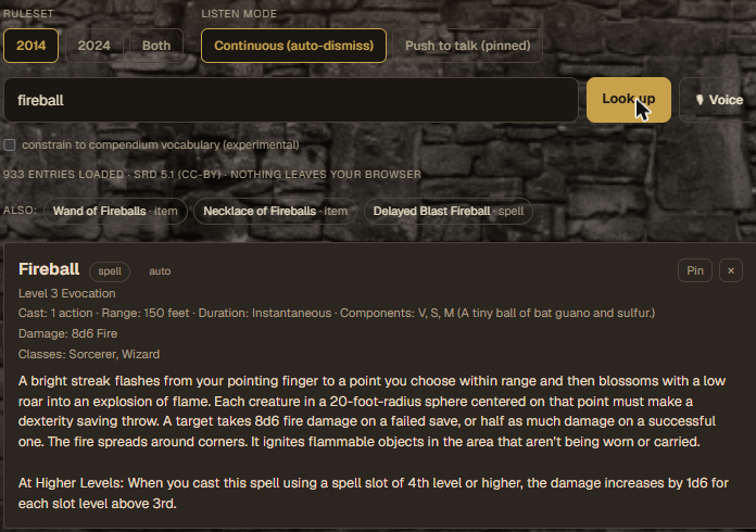 The rules lookup with Fireball searched: the spell card, related items, and a Voice button for asking out loud
