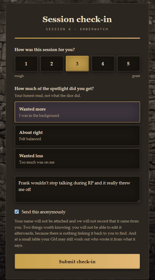 The session check-in a player fills in after the game: a 1 to 5 rating and how much of the spotlight they got
