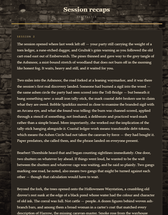 The recap page a player reads for session 2 of the demo campaign, written as prose
