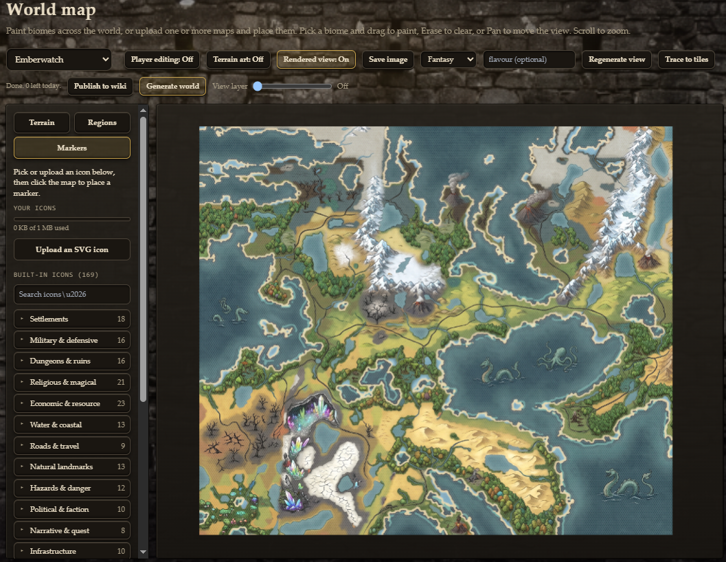 A rendered hex world map with settlements and regions